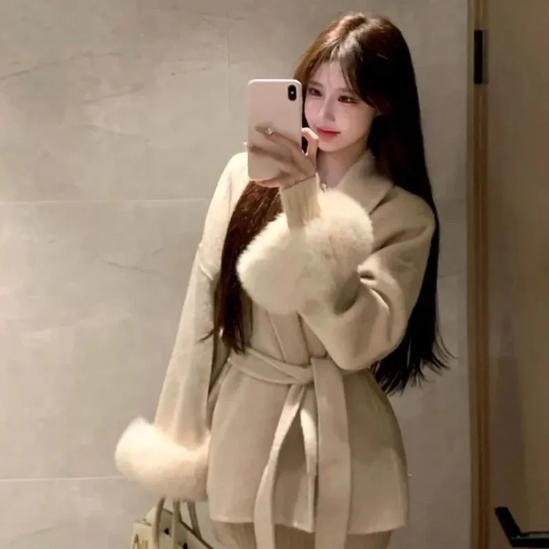 Cappotto di lana di pelliccia di volpe Cappotto corto da donna Office Lady Elegante cappotto di lana double face 2025 Nuove giacche cardigan larghe