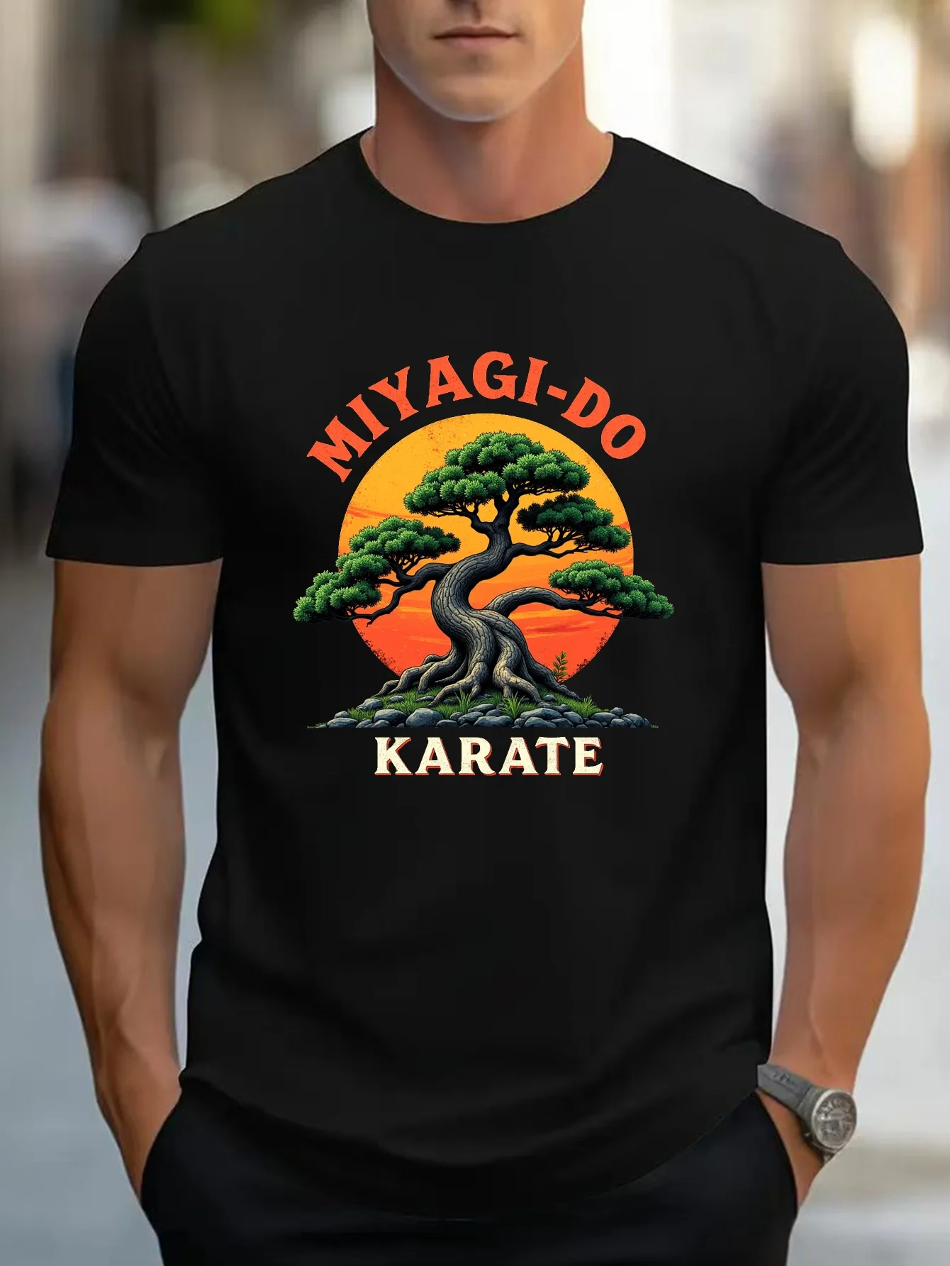 Men Cotton Tee Karate Bonsai Tree Graphic Short Sleeve Crew Neck Casual Street T Shirt For Martial Arts Fans Summer Daily Tops