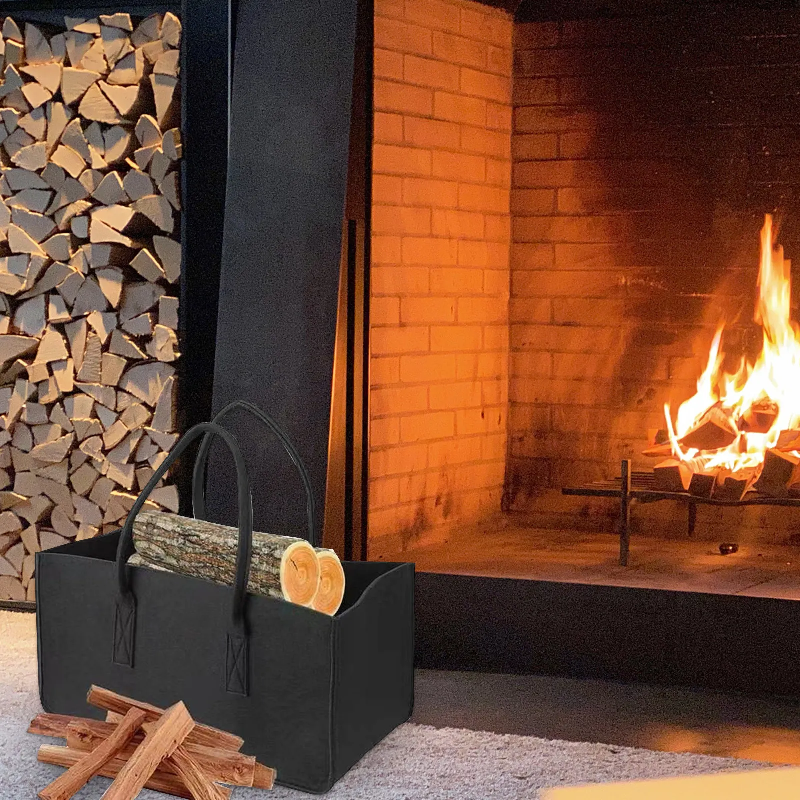 

1Pcs Premium Felt Storage Bag Thickened Firewood Container Easy Carry Handle Large Capacity for Fireplace Wood Stove Use