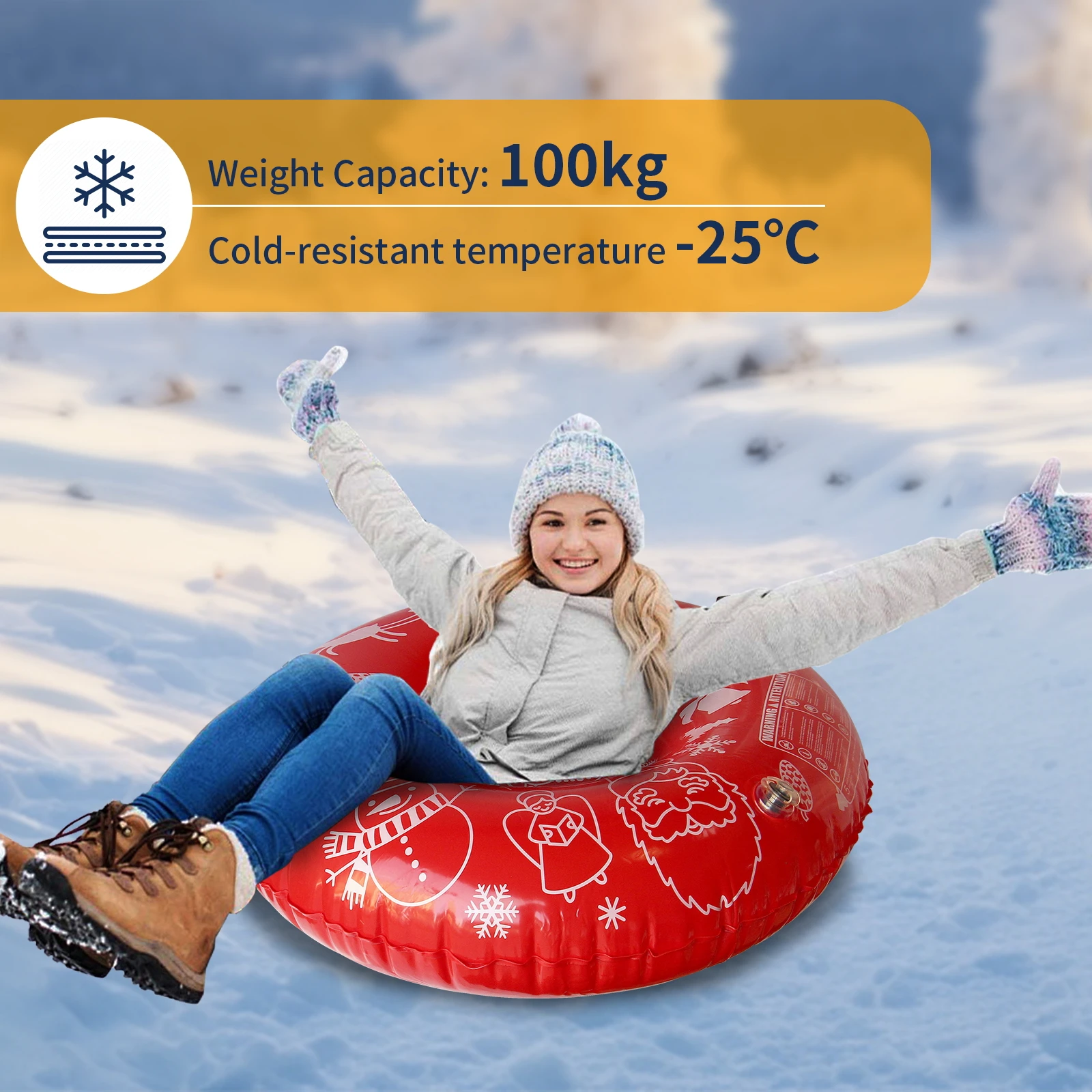 Christmas Winter Snow Tube, Inflatable Snow Sled with Heavy-duty Thickened Bottom and Sturdy Handles,Cold-resistant PVC Sled