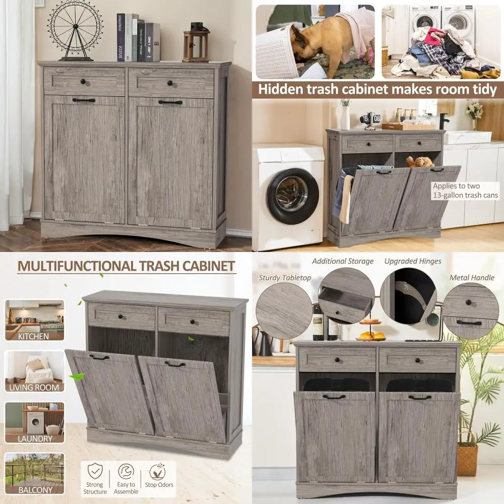 

Dual Bin 13 Gallon Kitchen Trash & Recycling Cabinet, Concealed Waste Storage with Pet Proof Lid, Grey