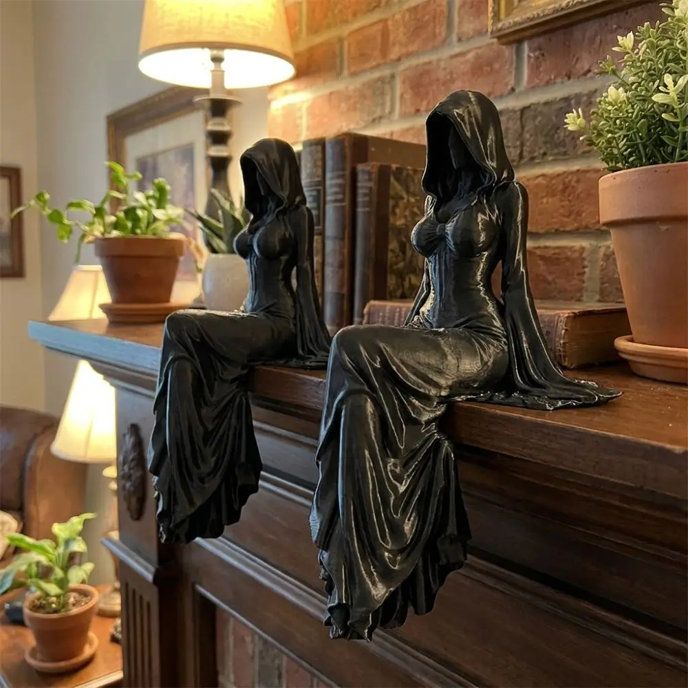 3D Printed Black Robe Figurine Handmade Mysterious Sitting Pose Lady Sculpture Integrated Dark Themed Female Tabletop Ornament
