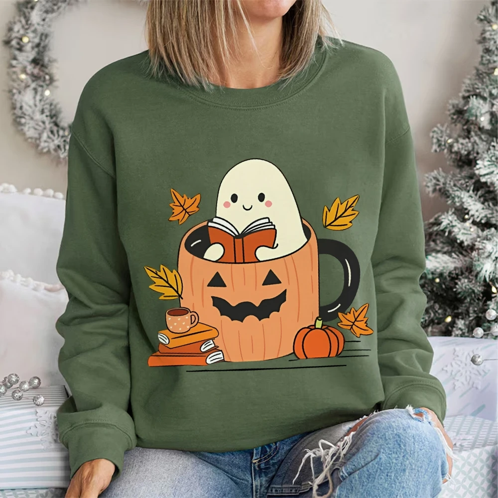 

Halloween Ghost Pumpkin Bat Print Sweatshirt Fall Coffee Hoodie Coffee Lover Pullovers Tops Long Sleeve Round Neck Pullover