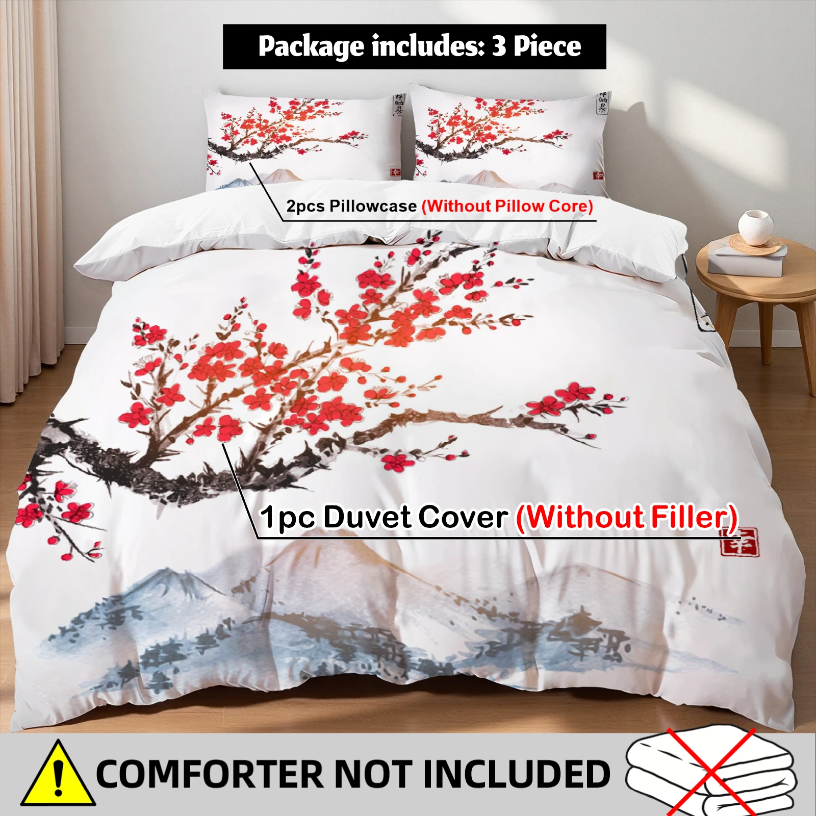 Oriental Ink Plum Blossom Duvet Cover Set Mountain Landscape Bedding For Elegant Home Decor Bedroom Decor Twin Queen King Size