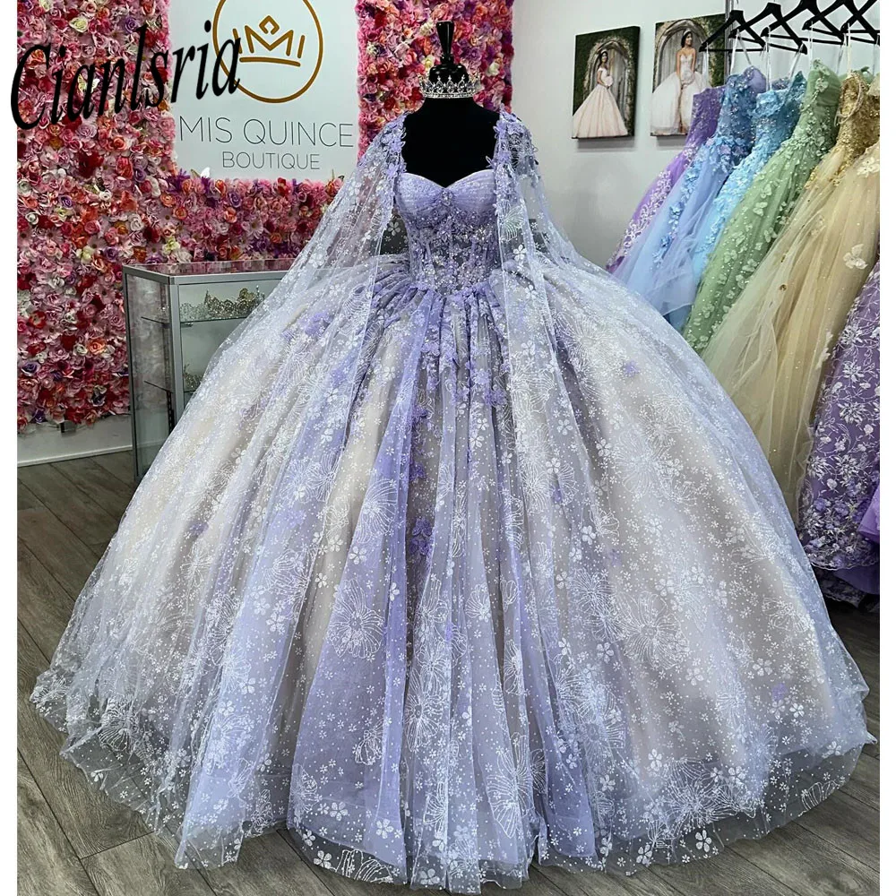 Vestido De baile De quinceañera con lentejuelas De ilusión Lila, vestido De quinceañera con capa, tirantes finos, apliques, corsé, 15 Años