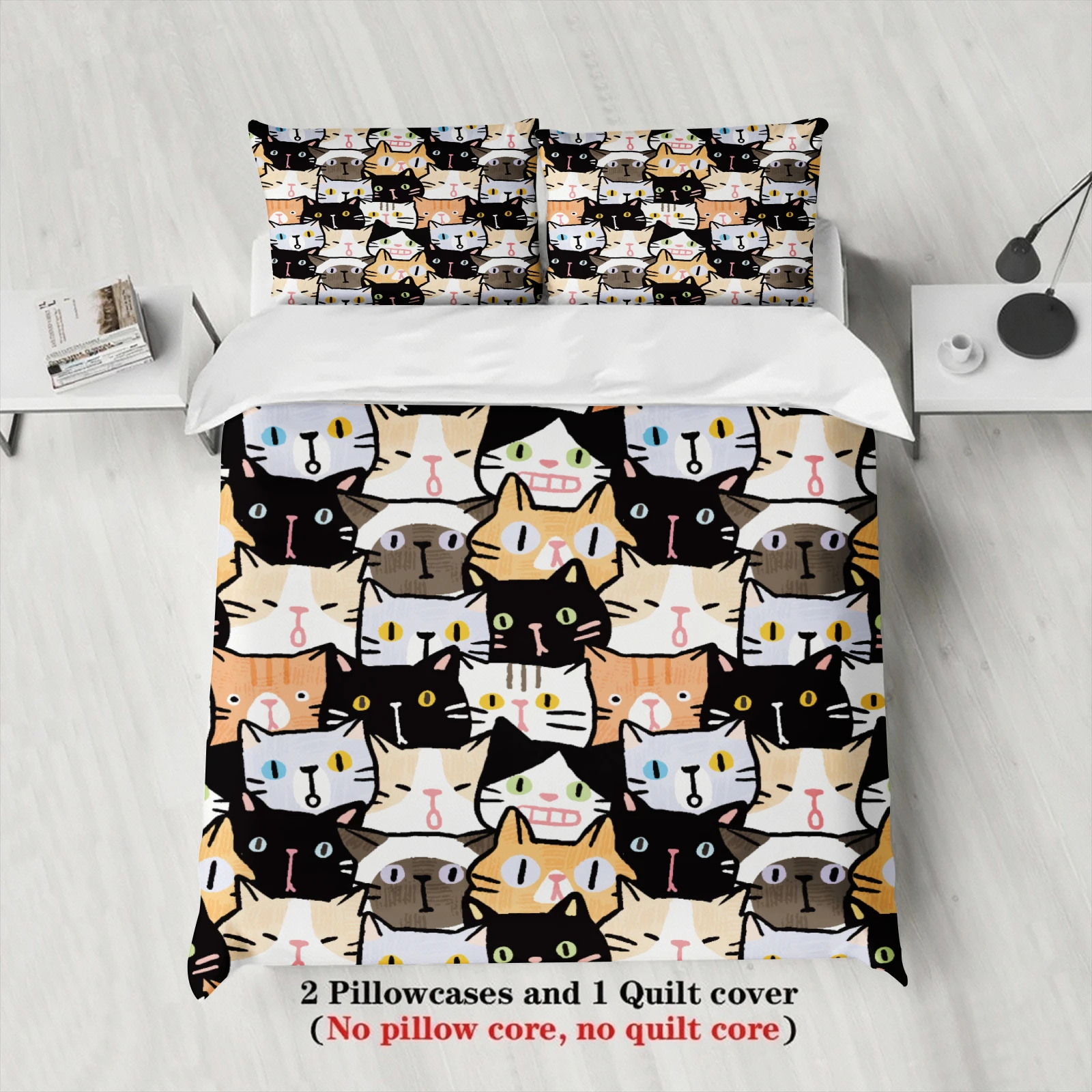 3pcs Cat Face Bedding Sets 3D Printed Cute Cartoon Cat Dormitory Twin Size For Students Duvet Cover Sets With 2Pillowcases