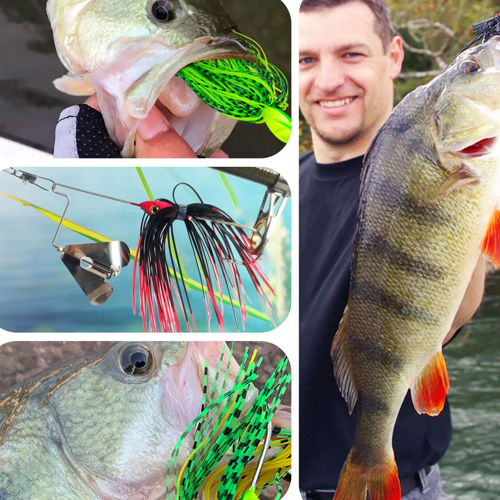 Zestaw przynęt wędkarskich FREE FISHER Buzzbaits, metalowe błystki z łopatkami, przynęty jigowe z gumowymi spódniczkami, hałasujące spinnerbaity na pstrągi