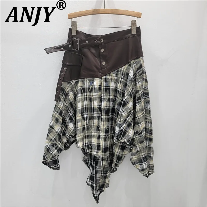

ANJY Autumn New Women American Spicy Girl Plaid Irregular Patchwork Skirt High Street Fashion Street Tide Slimming Skirts A12147