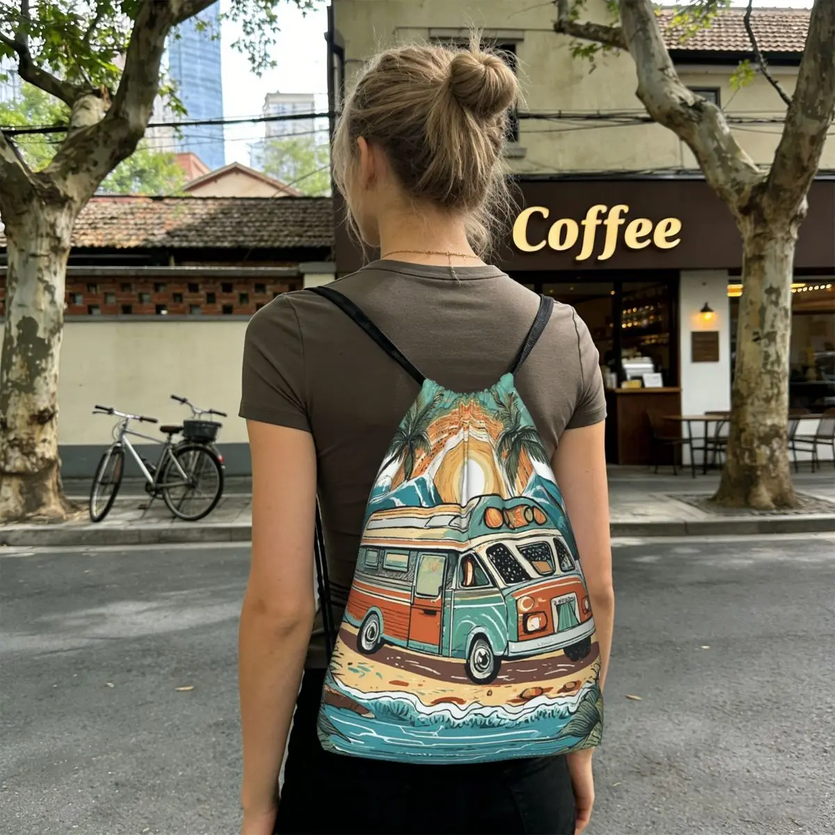 Beach Cartoon Camping Vehicle Backpacks Portable Drawstring Bundle Pocket Sports Bag Book Bags for Travel School