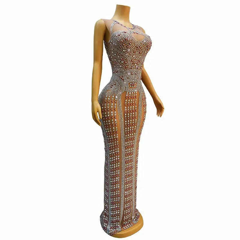 New dress rhinestone pattern ethnic style luxury niche evening temperament dress stage host performance clothes