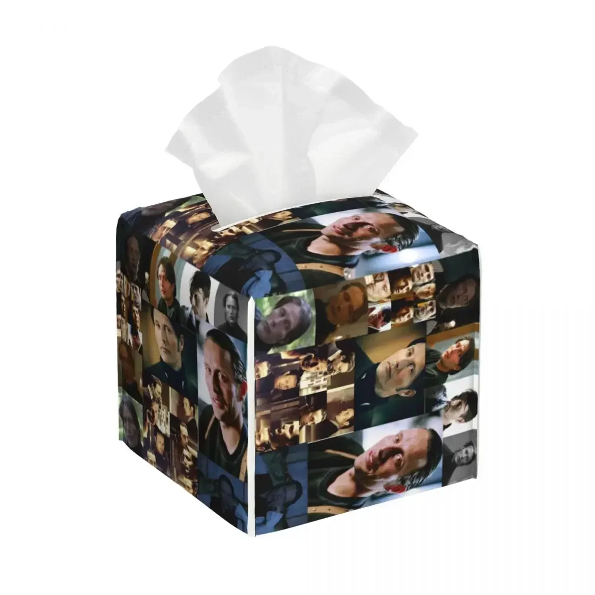 Custom Mads Mikkelsen Photo Collage Facial Tissue Box Cover Square Hannibal PU Leather Tissue Box Holder for Car Home