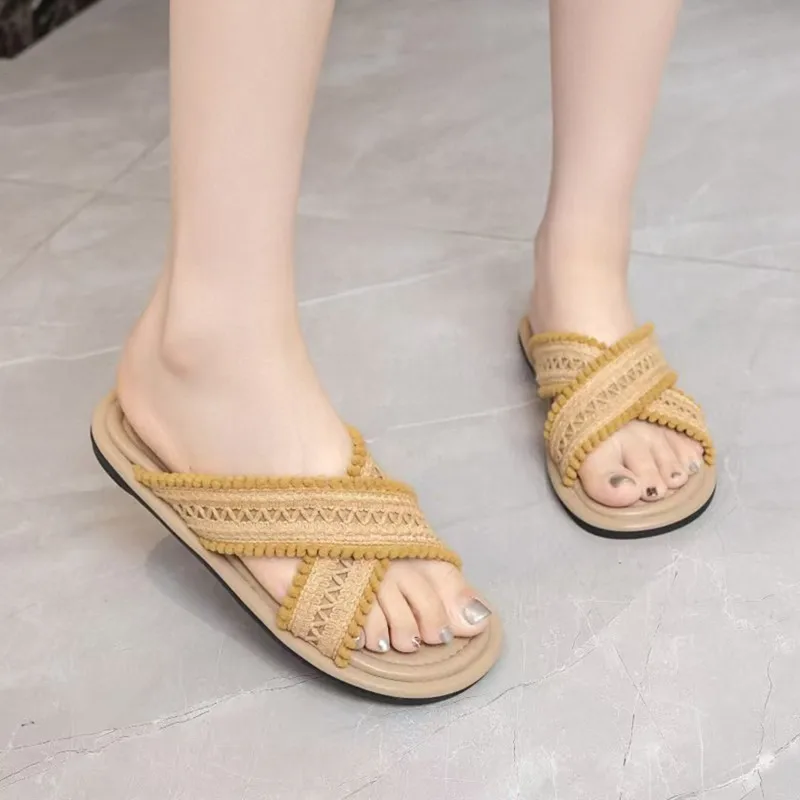 

Slippers Women 2025 New Retro Woven Flip-flops Women's Cotton and Linen Cross-shaped Casual Flat Shoes Slipper