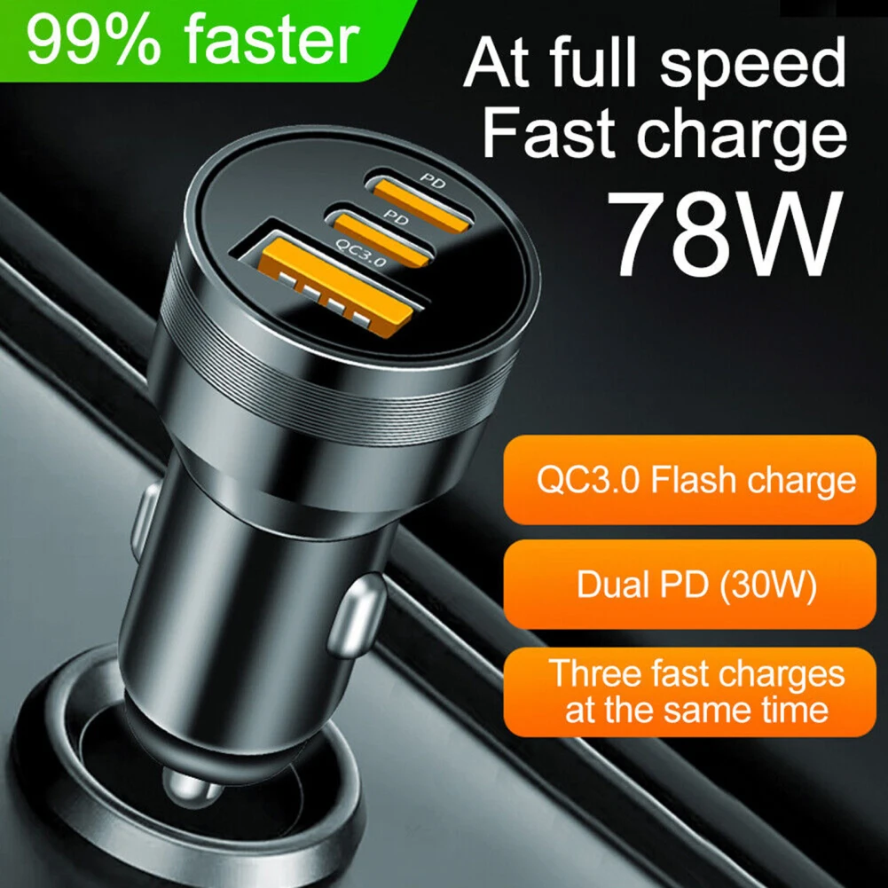 78W PD USB C Car Charger Dual PD QC3.0 Fast Power Charging Block Cigarette Lighter Socket Splitter Power Adapter