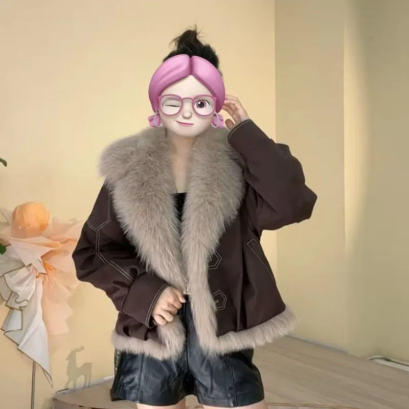 Outerwear New Autumn Winter Style Large Fur Collar Motorcycle Short Fur-like Fur Coat Women's Best-selling Parker Down Jacket