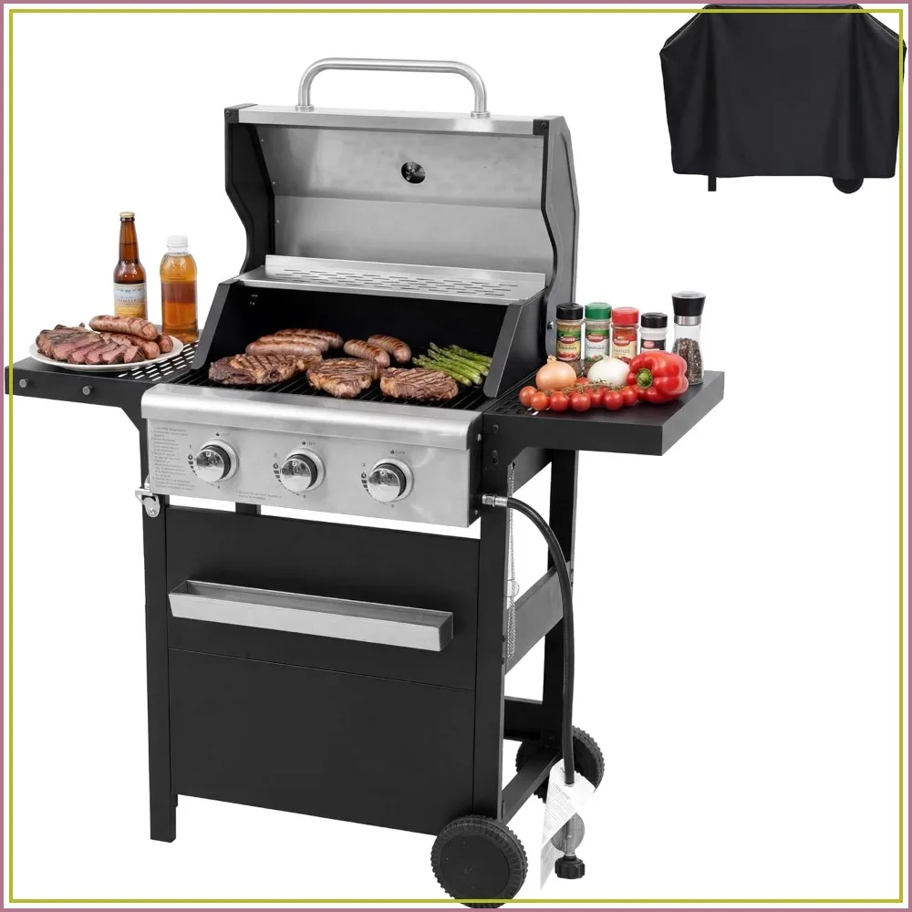 3 Burner Propane Gas Grill 37000 BTU with Side Burner Stainless Steel Patio Barbecue