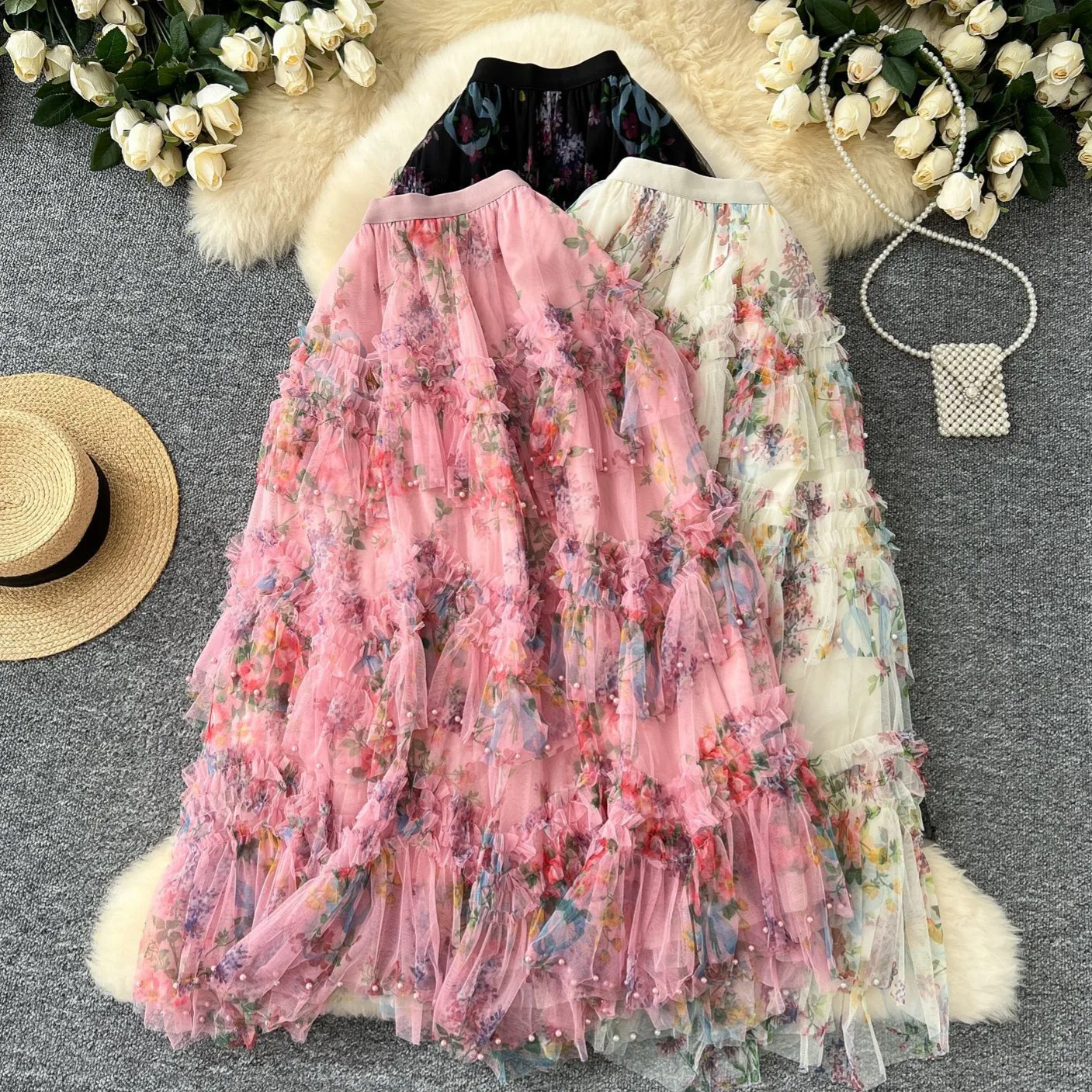 Women's Floral Print Tulle Maxi Skirt, High Waist Tiered Ruffle Skirt with Beaded Detail, Elegant A-Line Fairy Skirt