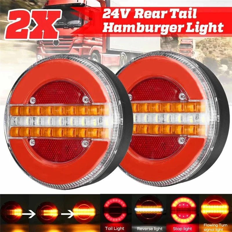 2Pcs 4 Inch Trailer Dynamic Tail Light 24V LED Truck Brake Light LED Round Water Hamburger for Boats, Buses, Caravans