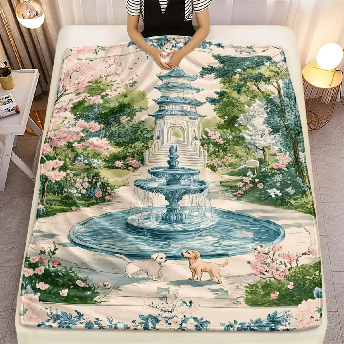 1pc Chinese Garden Pavilion Flannel Blanket Cherry Blossom Fountain Dog Scene Soft Home Decor Artistic Print Bedding Throw