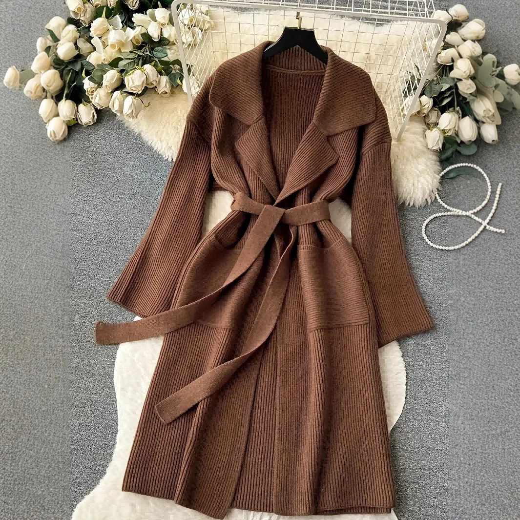 

Sweater Knitted Women Cardigan Outerwear Sashes Turn Down Collar Jumpers Long Sleeve Solid 2025 Loose Fit Casual Pockets