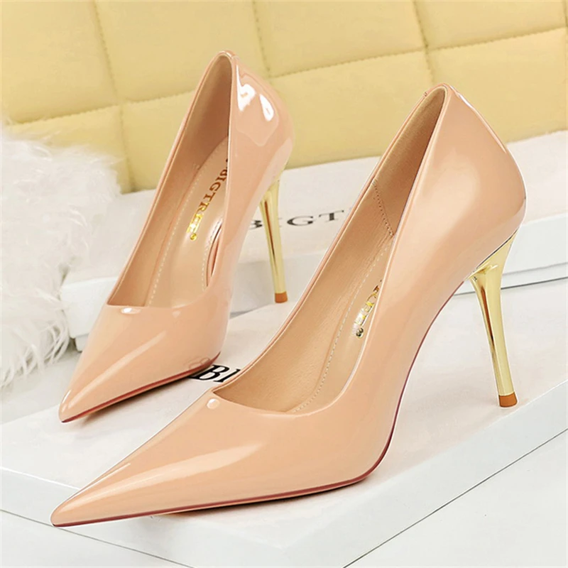 BIGTREE Quality Woman Pumps Patent Leather High Heels Sexy Party Metal Stilettos Luxury High-heeled Shoes Size 43