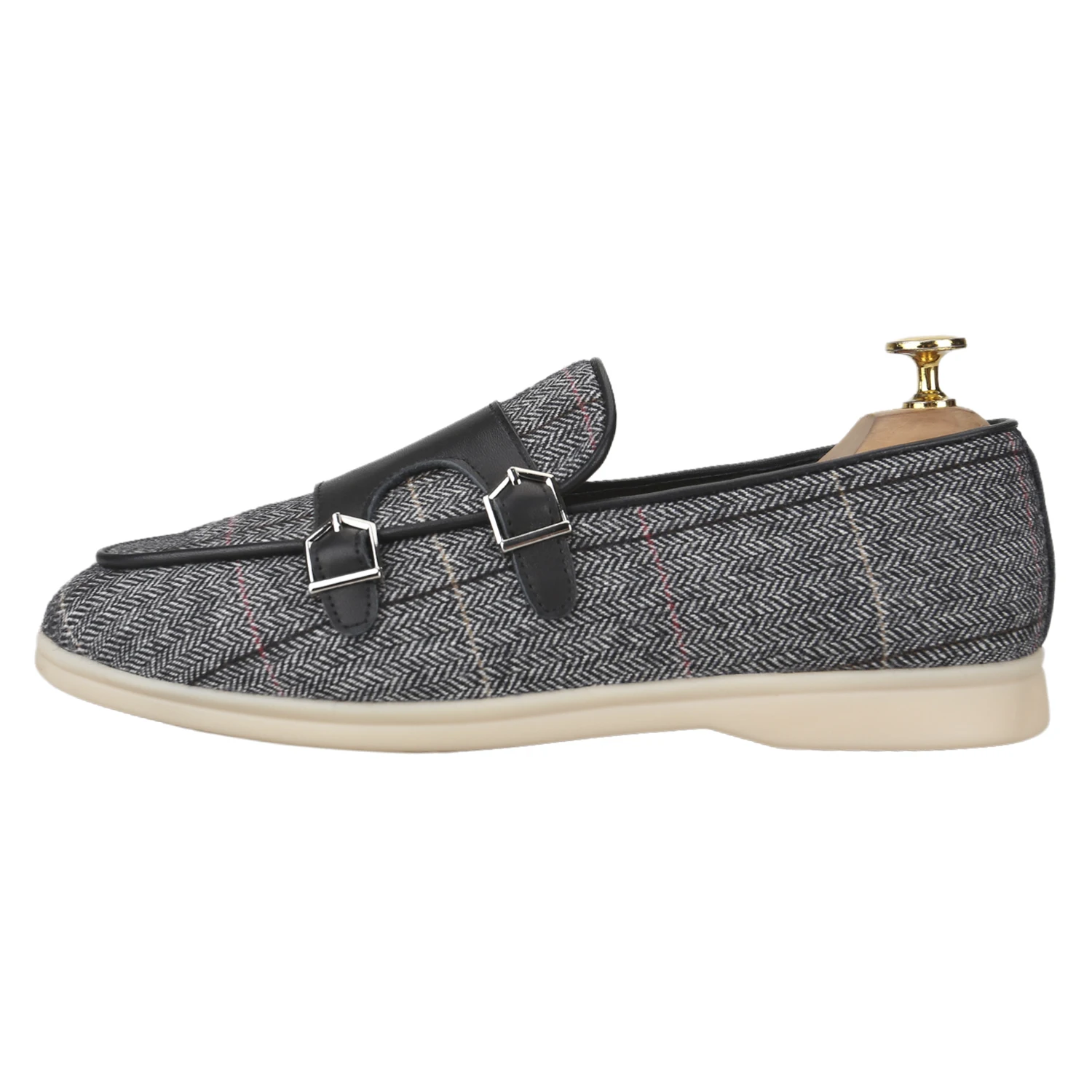 Piergitar Italy Imported Gray Tweed Slip-On Men's Loafers Handcrafted Double-Monk Shoes Classic Model Summer Walk Flats