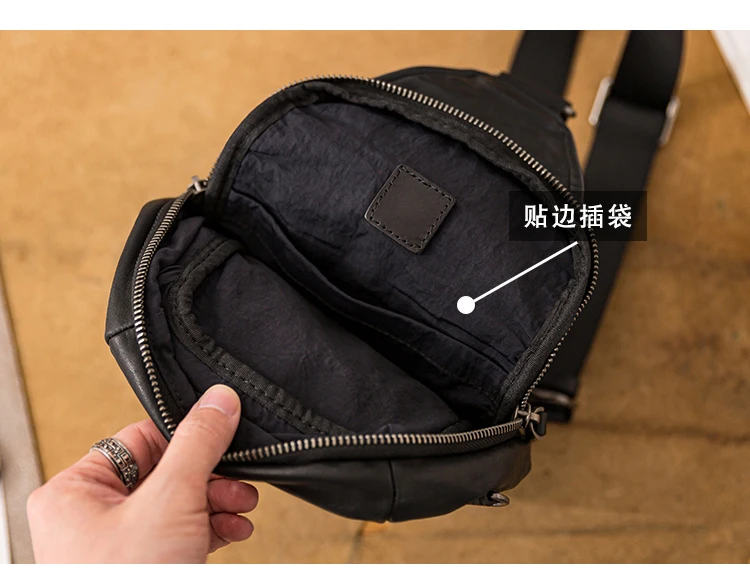 weekend travel sports genuine leather men's black chest bag Outdoor daily light luxury handmade cow leather crossbody bag