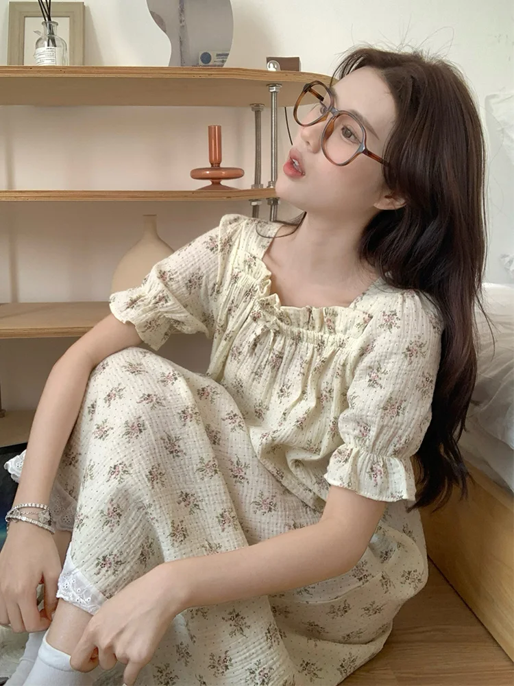 Soft Floral Summer Home 100%Cotton Sleepwear Ins Short sleeve Flowers NightDress Women Sweet Kawaii Casual Elegant Comfortable