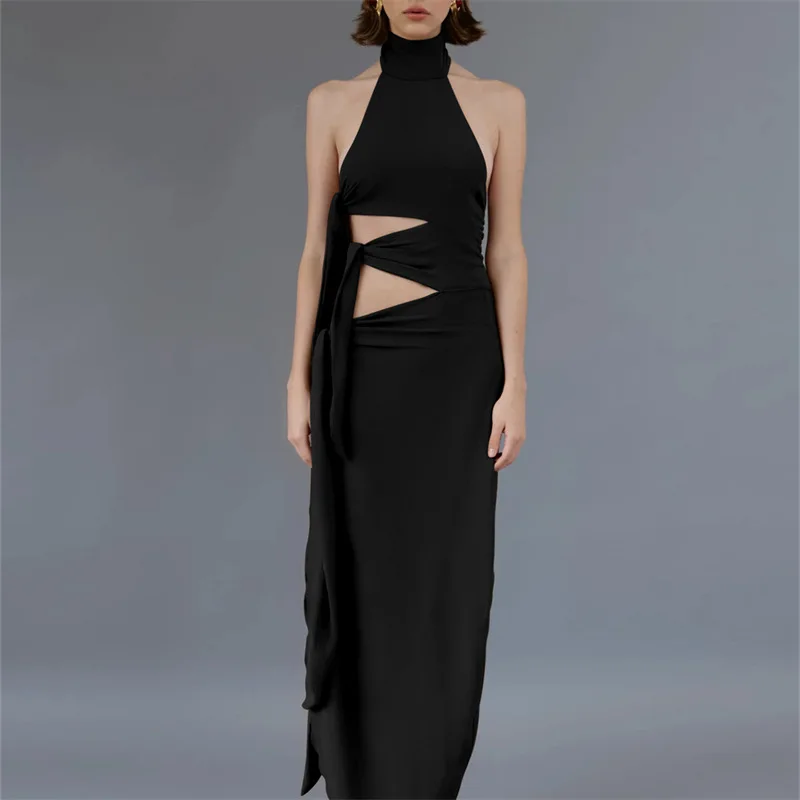 暗号化されたエレガントなノースリーブスリット入りマキシドレス、パーティータイディテール、セクシーなホルターネック、バンデージ、バックレス、カットアウト、ロングドレス、シックなガウン