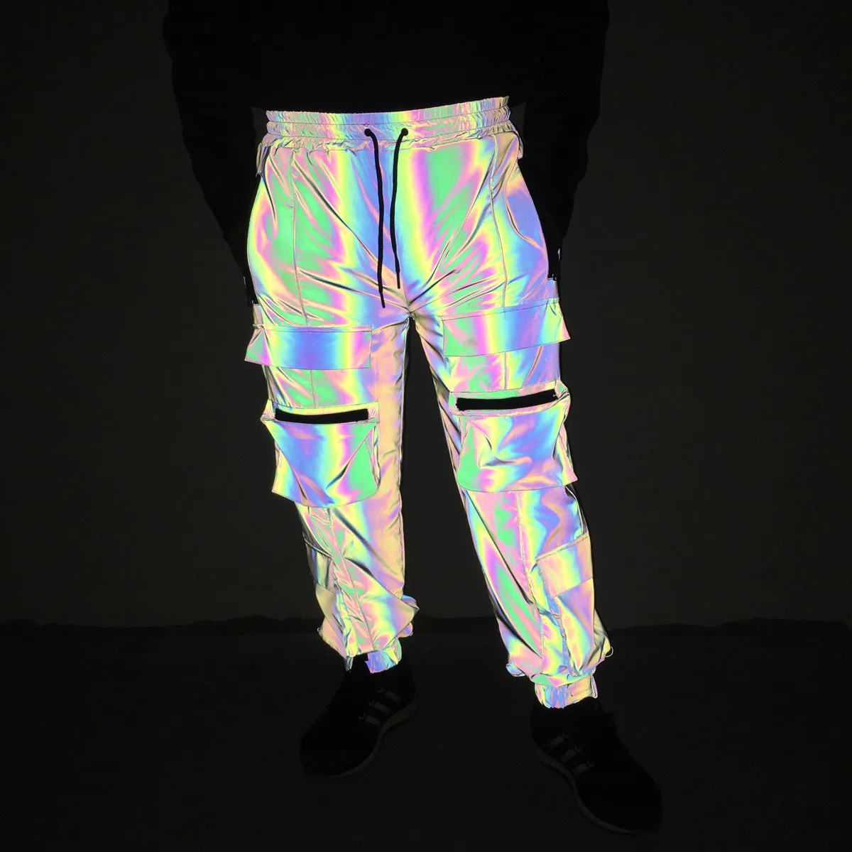 

Holographic Reflective Cargo Pants Men Casual Trousers Nightclub DJ Party Rave Outfit Stage Hip Hop Dance Costume Night Jogging