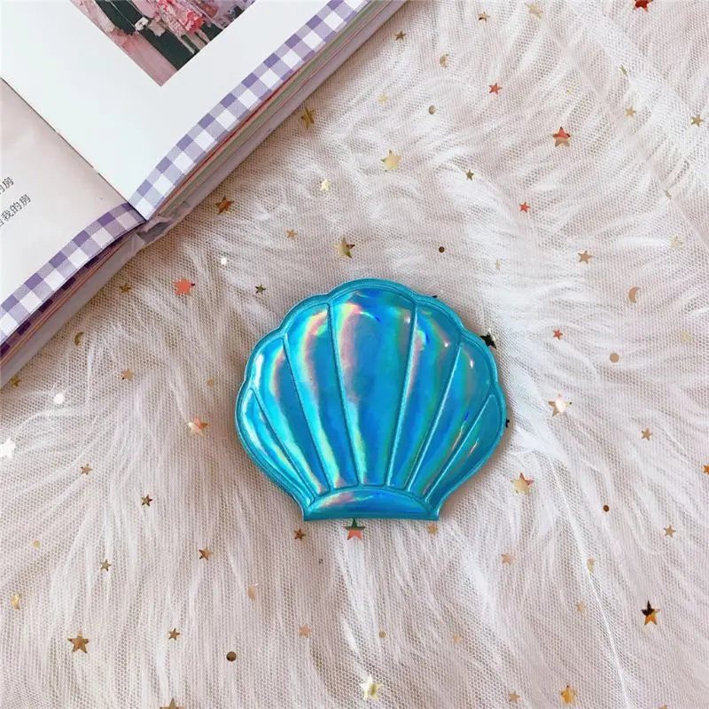 L188  Creative Sea Shell Shaped Holographic Rainbow Colored Magnifying Compact Cosmetic Double Sided Folding Pocket Mirror