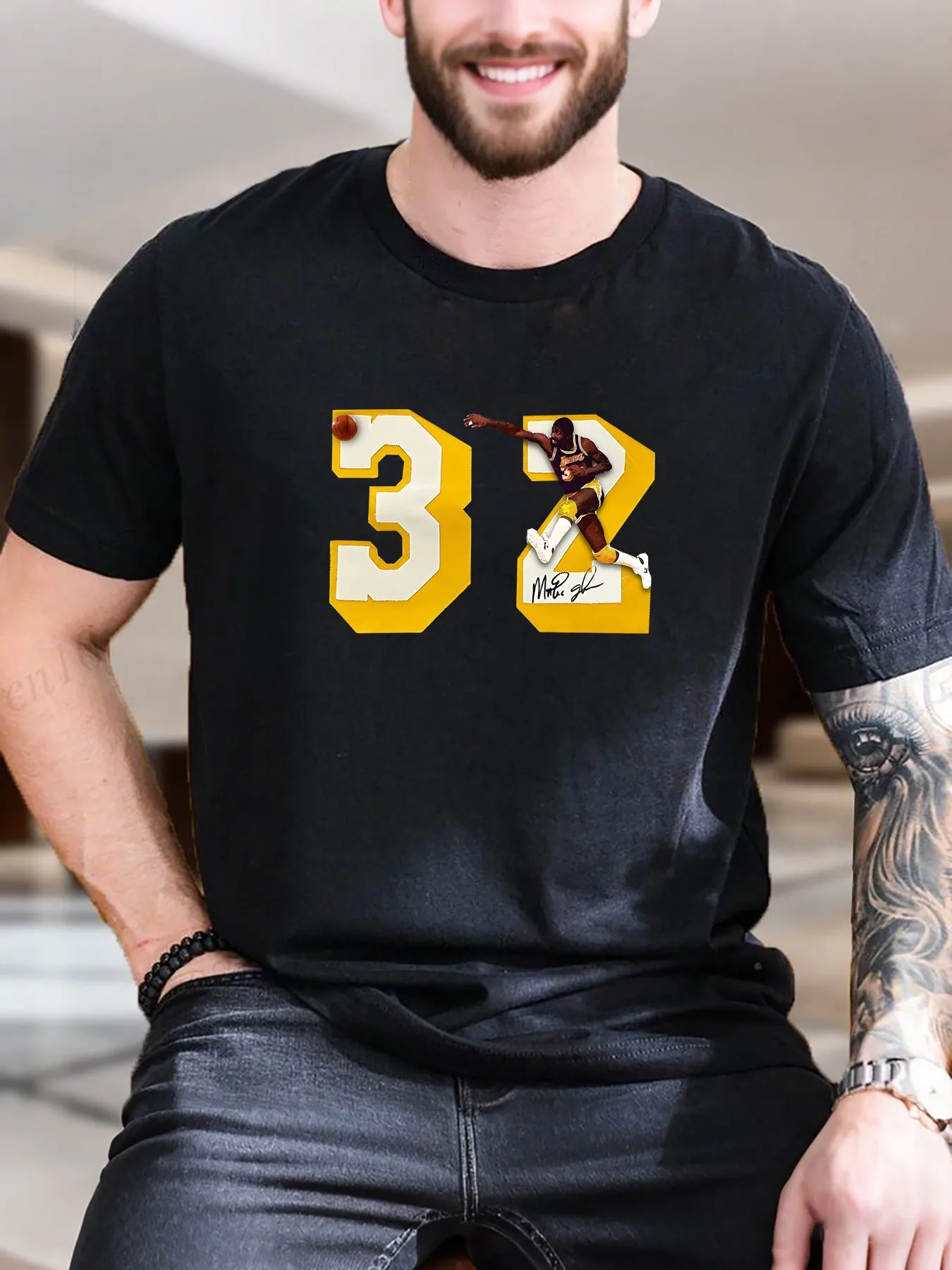 Basketball Player Print Cotton T-Shirt Men's - Breathable Soft Tee with Sporty Design, Casual Streetwear, 100% Cotton for Daily Wear