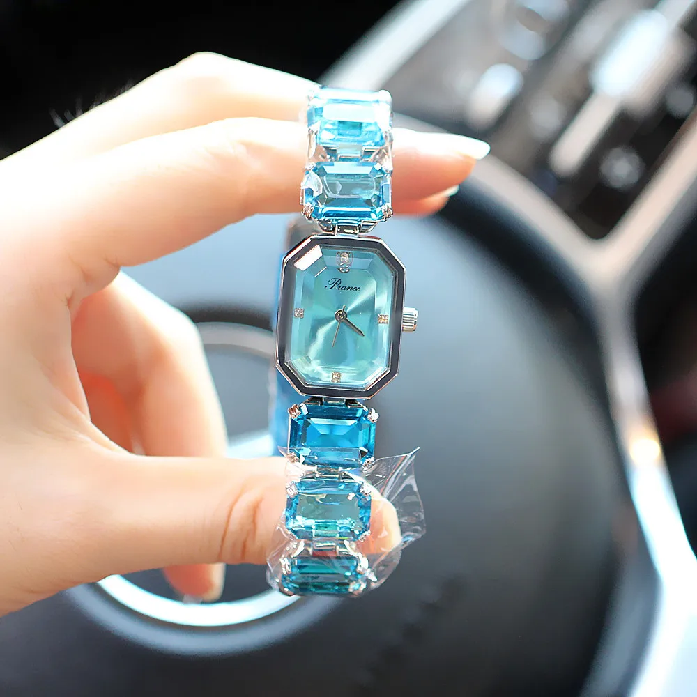 Women's Crystal Quartz Watch Colorful Gemstone Square Dial Gold Plated Waterproof Elegant Fashion Ladies Bracelet Wristwatch