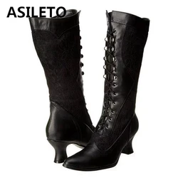 ASILETO 2021 Designer Long Boots for Women Wide Leg Lace Pointed Toe Low Small Heel Zip Cross Strap Black White Big Size S2440