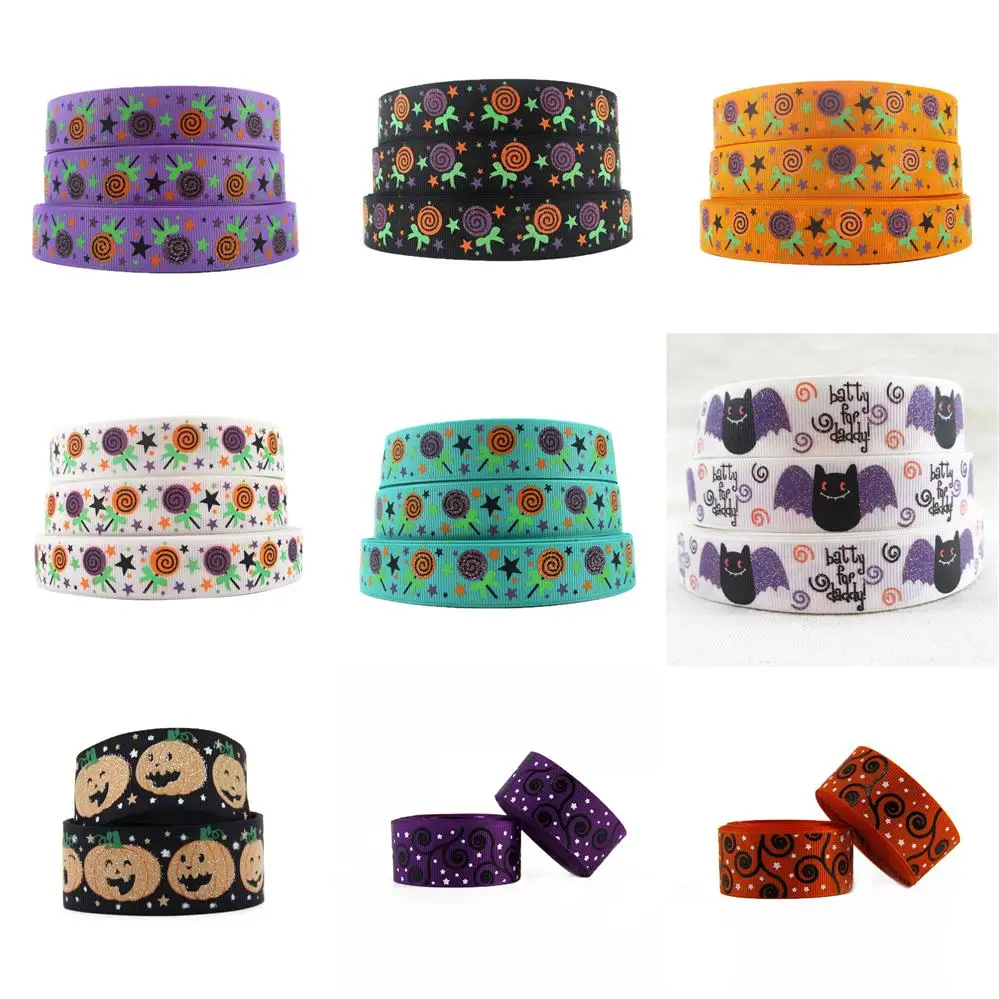 5 Yards 22mm/25mm Halloween Lollipop Skull Printed Grosgrain Ribbon DIY Wrapping Gift Bow-knot Crafts Party Accessories,5Yc2082