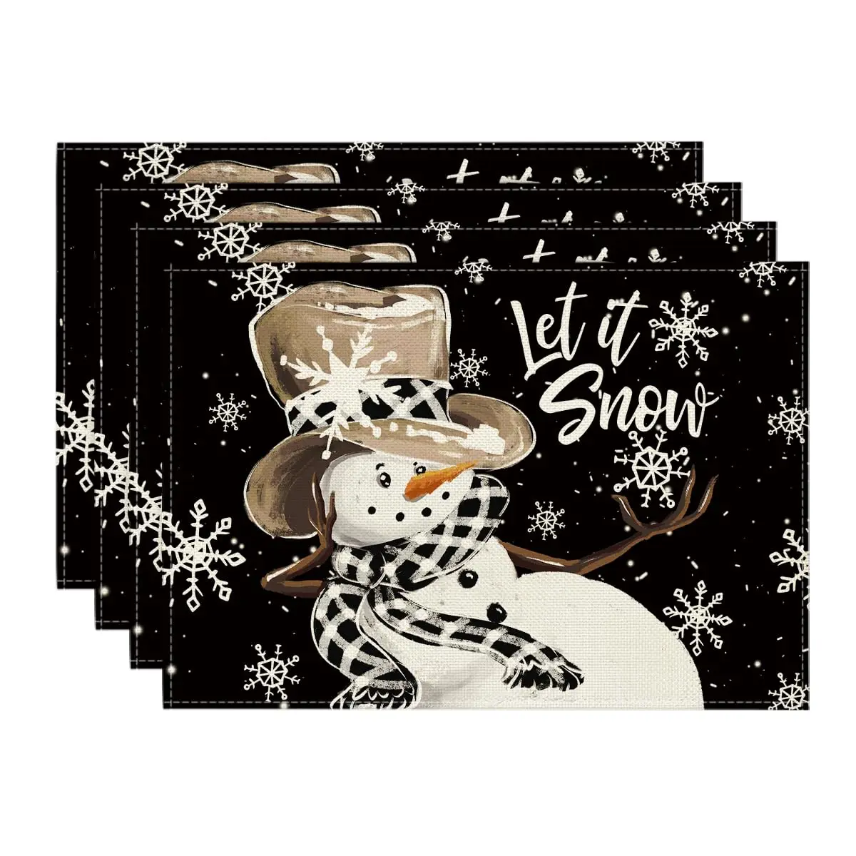 Black Snowman Snowflakes Let it Snow Winter Placemats Set of 4, 12x18 Inch Christmas Table Mats for Party Kitchen Dining Decor