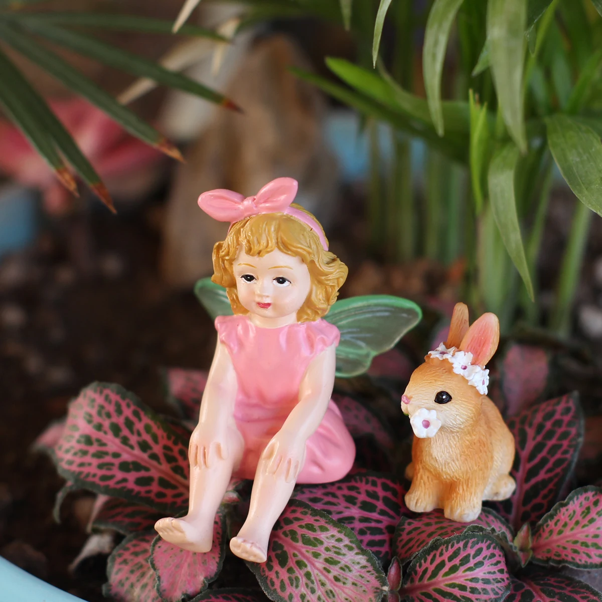 2 fluorescent winged fairies and rabbits, creative spring garden bonsai decoration ornaments, Easter bunnies, resin crafts