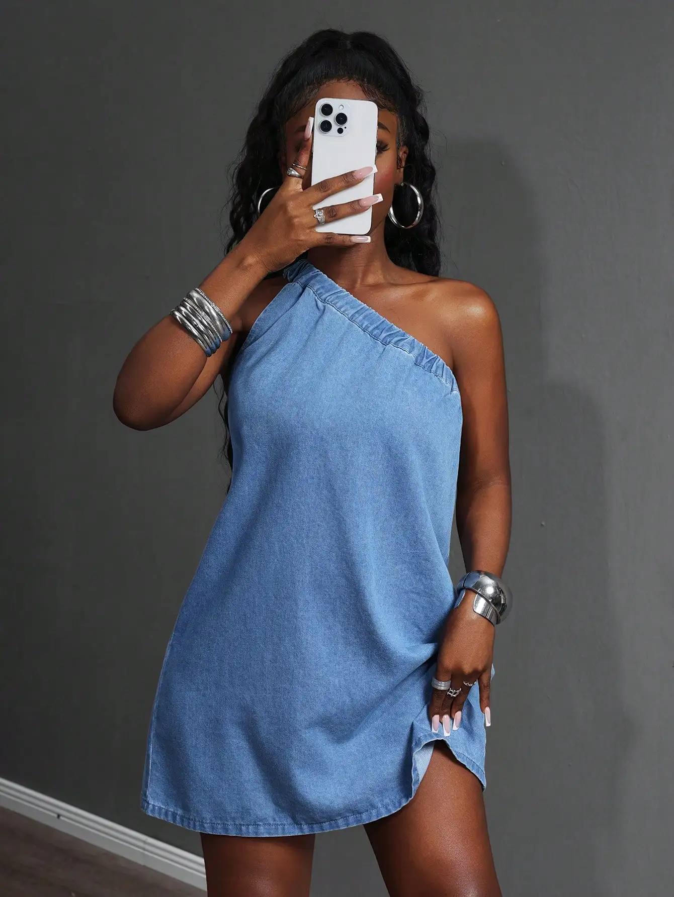 

Casual One Shoulder Denim Mini Dress For Women
