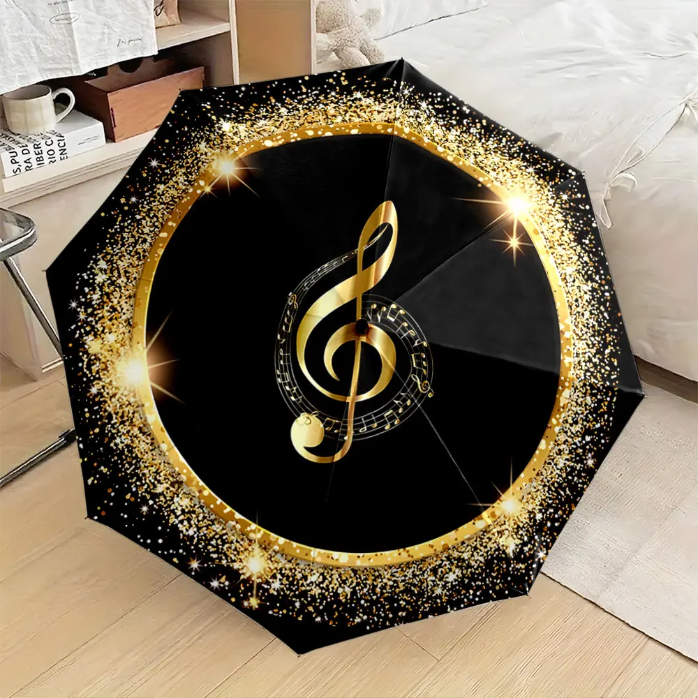 1PC Golden Note Design Umbrella with Sparkling Details Print 8 Iron Ribs Folding Umbrella Auto-Open Fashion Sunshade