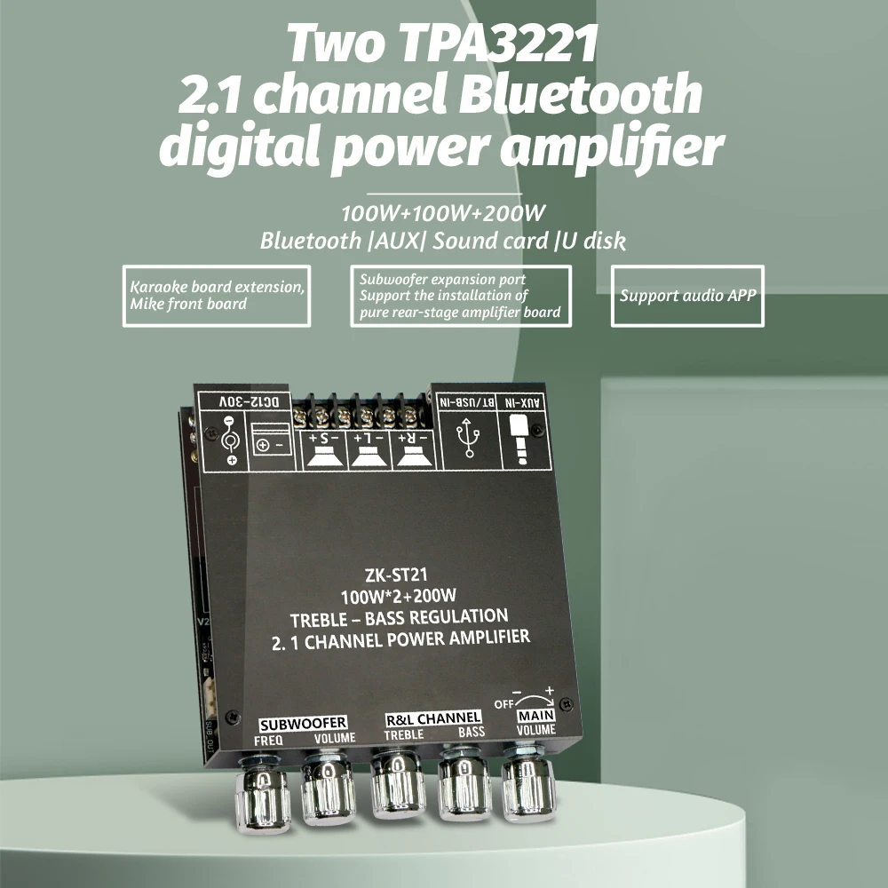 ZK-ST21 DC12-30V 10A بلوتوث مضخم رقمي مجلس 2.1 قناة 100 واط + 100 واط + 200 واط مضخم الصوت قوة الصوت ستيريو باس TPA3221 رقاقة #6