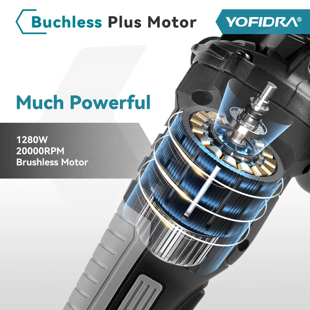 YOFIDRA 125mm Brushless Angle Grinder 3 Gears Cordless Efficient Wood Cutting Polishing Power Tool  For Makita 18V Battery