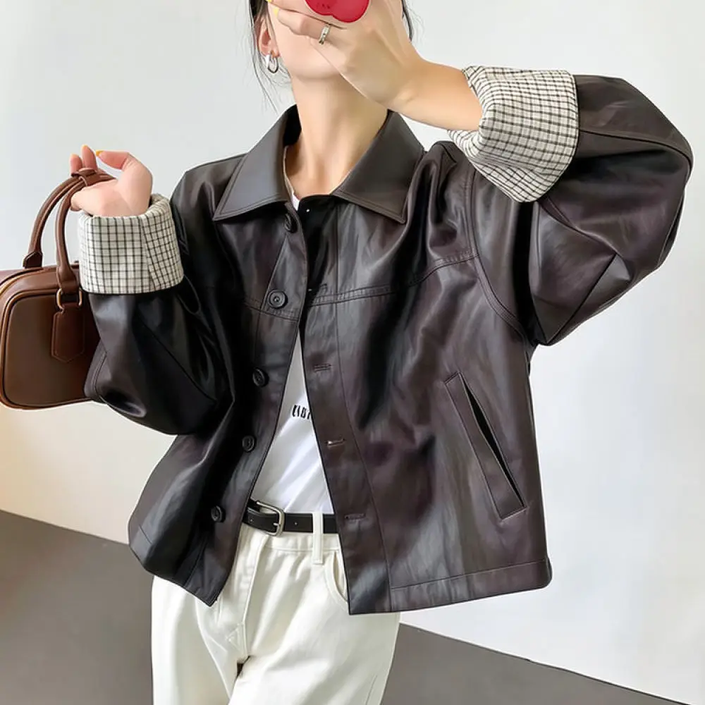 Autumn Women Faux Leather Jacket Korean Casual Loose Coat Commuter Lapel Long Sleeve Solid Color Fashion Soft Outwear