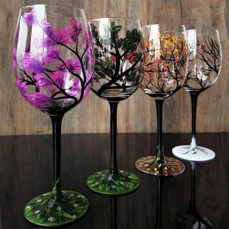 Four Seasons Tree Wine Glasses Goblet Creative Printed Round Glass Cup for Wine Beer Cocktail Large Capacity Dropshipping