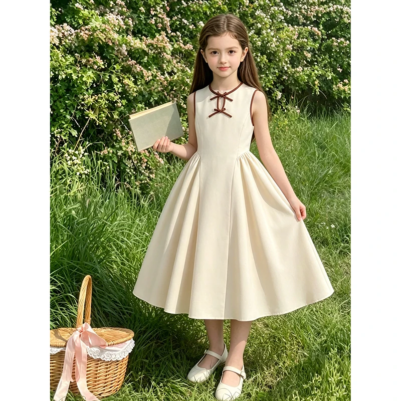 Girls 8-12 Summer Chinese Style Sleeveless Dress, Retro Frog Button Collar High Waist Flowy Swing Casual Kids Midi Sundress