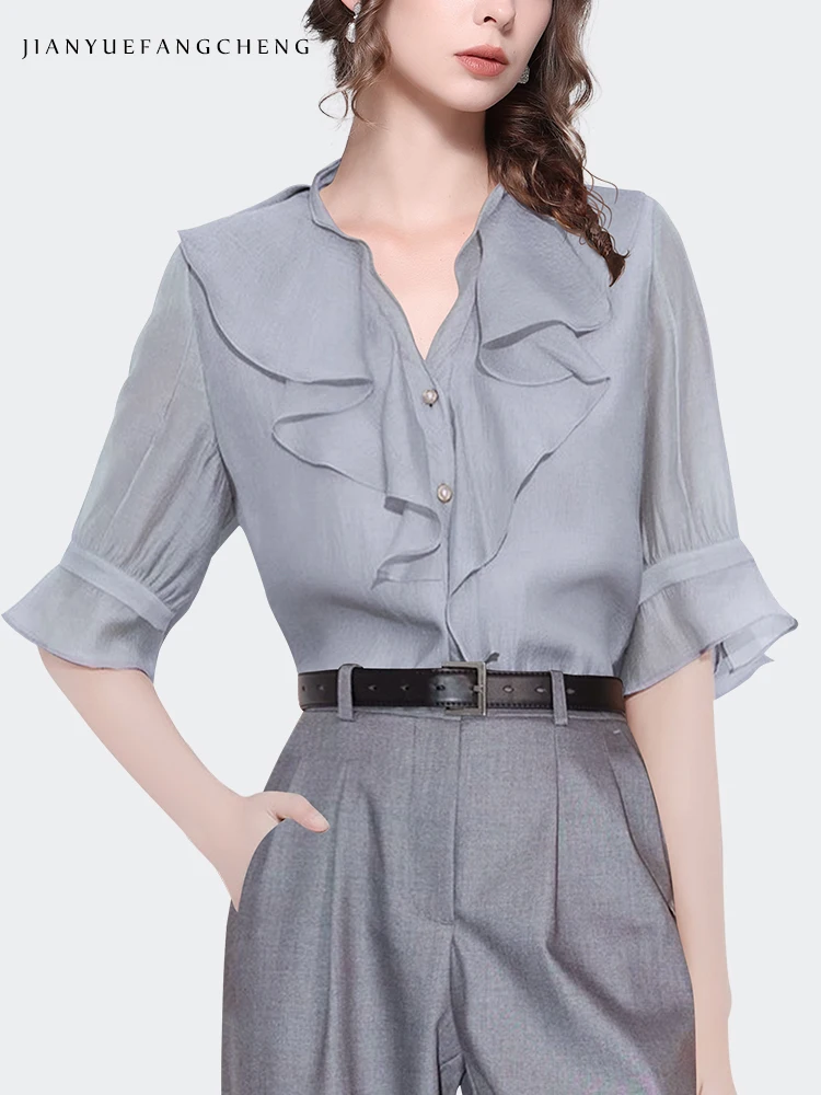 2024 Summer Grey Ruffle Chiffon Top for Women Flared Sleeve Loose Plus Size Button-down Shirts Elegant Slim Office Woman Blouses