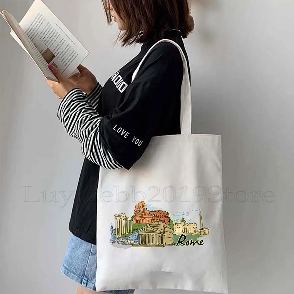 

New White Canvas Tote Bag Rome Italy Landmarks Print Reusable Shoulder Bag Casual Eco-friendly Tote for Travel & Daily Use