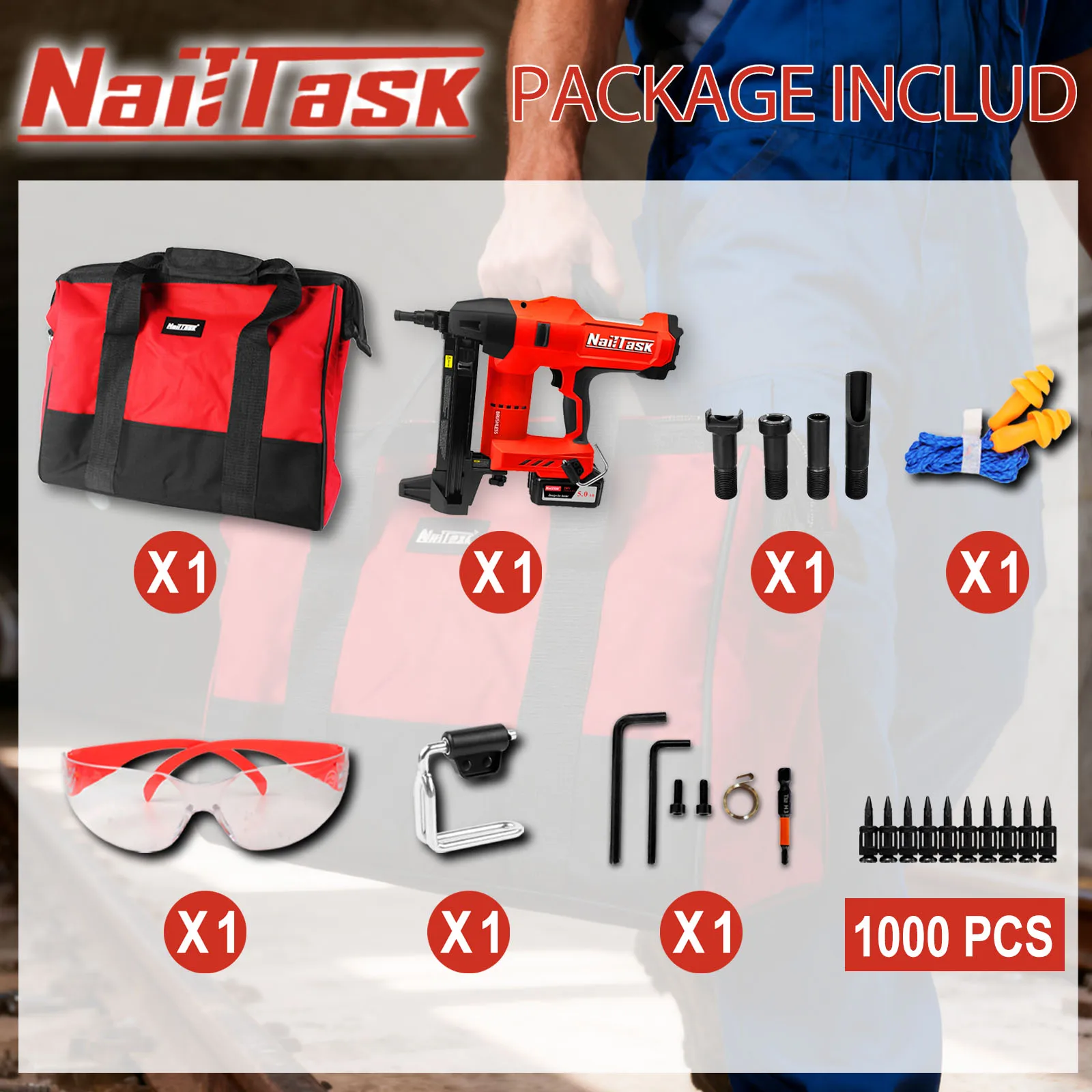 NailTask اللاسلكي مسمار خرسانة كهربائية مع 27 مللي متر الأظافر الثقيلة 20 فولت قوة دبوس بائع المسامير عدة آلة السحابة متعددة الأغراض