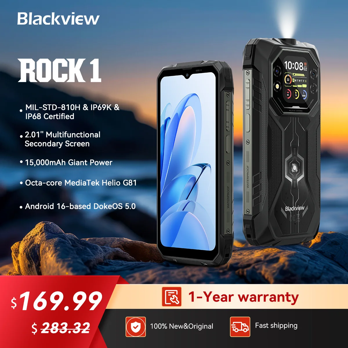 Blackview ROCK 1 Rugged Smartphone,6.56-inch 90Hz  Display,8GB RAM  256GB ROM,15000mAh/33W, MediaTek Helio G81,Android 16 NFC