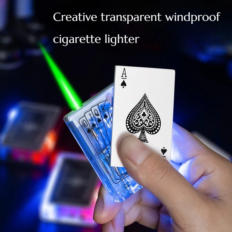 New Creative Transparent Poker Lighter with Flashing Inflation Windproof Light Mirror Feature Cigarette Accessories Gift