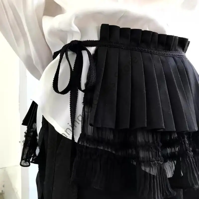 M68A طبقة مزدوجة الدانتيل مطوي تنورة الورك تنورة الخصر للنساء المراهقات الزي اليومي