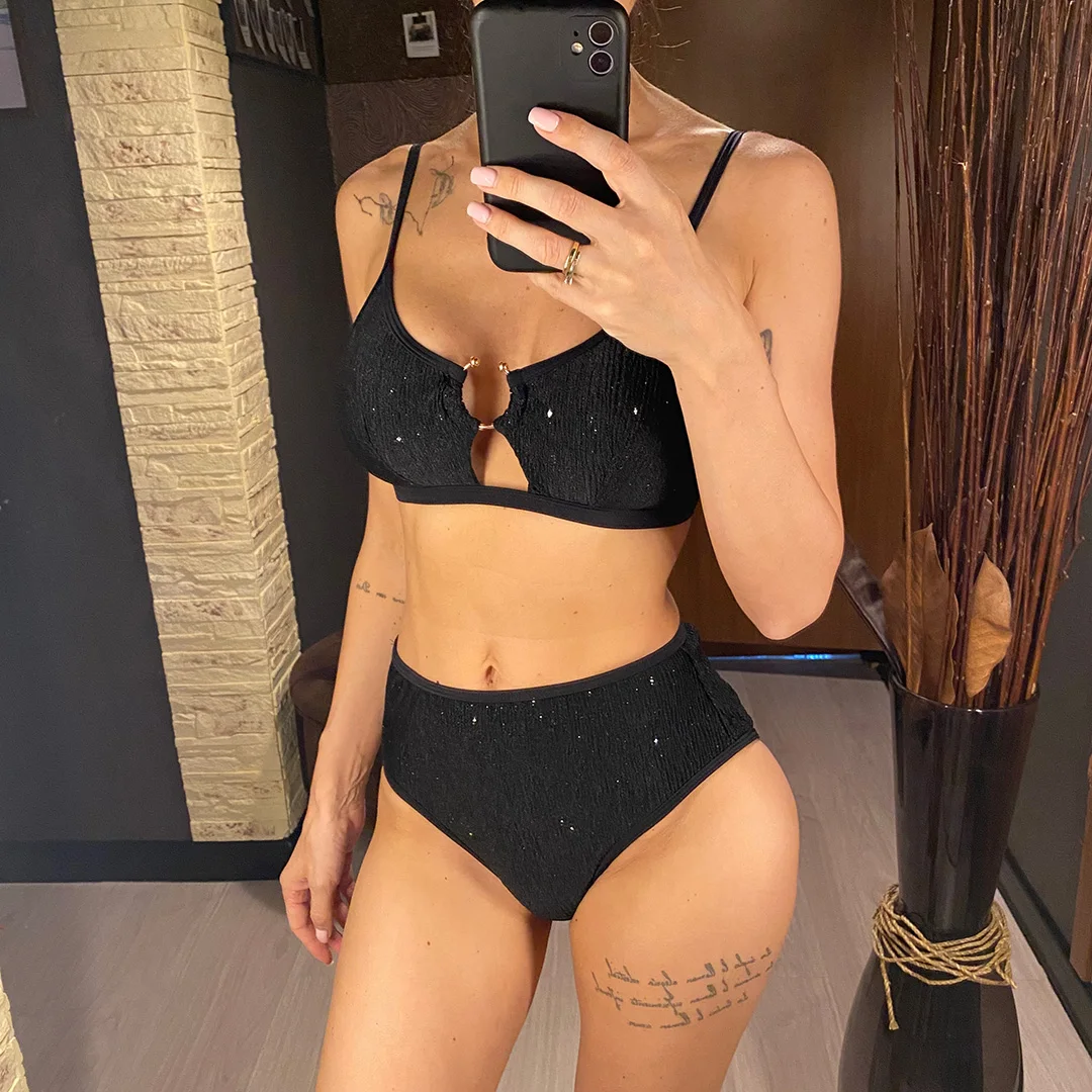 Glitzernder, funkelnder, ausgeschnittener Damen-Badeanzug, Bikini mit hoher Taille, zweiteiliger Bikini-Set, Badebekleidung, Badeanzug, Schwimmanzug V5389 – Detail 3